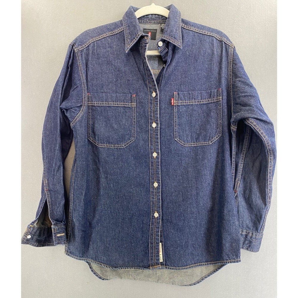 Levis Womens Small Red Tab Jeanswear Dark Wash Denim Button Down Shirt